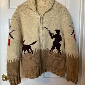 Men's Cream and Brown Sweater with Hunting Motif, shawl collar